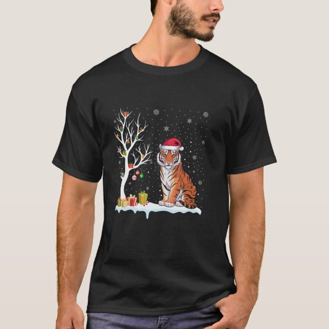 Bengal Tiger Santa Hat Festive Träd Light Christma T Shirt (Framsida)