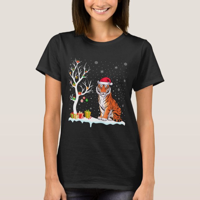 Bengal Tiger Santa Hat Festive Tree Light Christma T Shirt (Framsida)