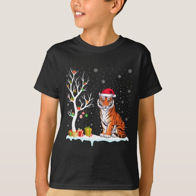 Bengal Tiger Santa Hat Festive Tree Light Christma T Shirt (Framsida)