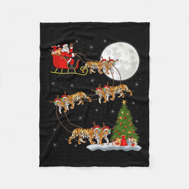Bengal Tiger Santa Sleigh Flying Funny Magical Chr Fleecefilt (Framsidan)