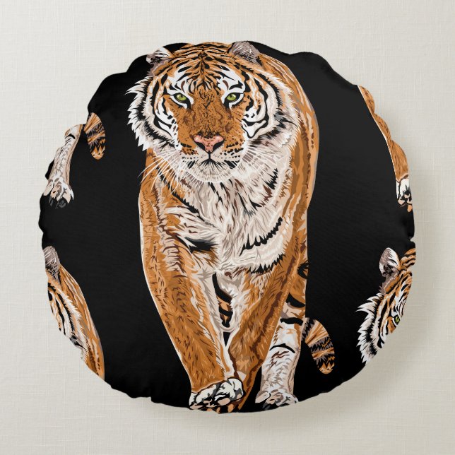 Bengal Tiger Sketch: Vintage Animal Print Rund Kudde (Framsidan)