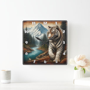 Bengal Tiger Walking by Mountain River i Dusk Fyrkantig Klocka