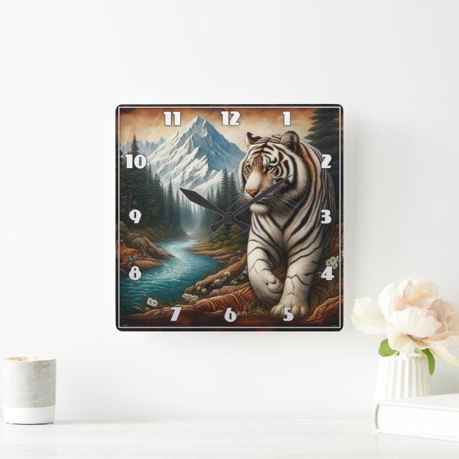 Bengal Tiger Walking by Mountain River i Dusk Fyrkantig Klocka (Hem)
