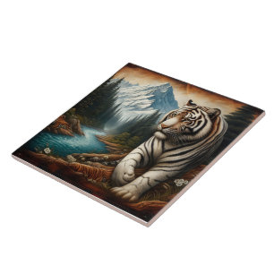 Bengal Tiger Walking by Mountain River i Dusk Kakelplatta