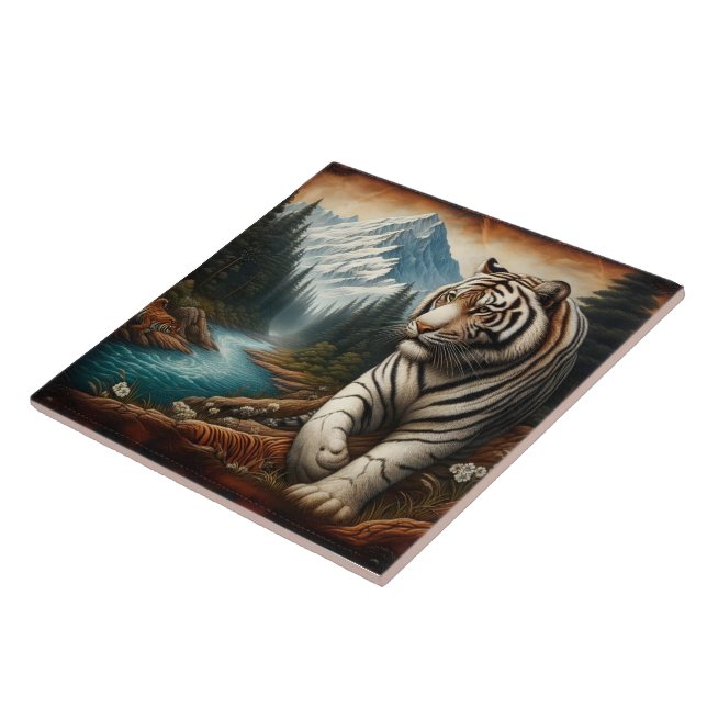 Bengal Tiger Walking by Mountain River i Dusk Kakelplatta (Sidan)