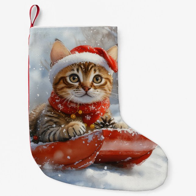 Bengalisk katt i släde Snöa ner jul Liten Julstrumpa (Framsidan)