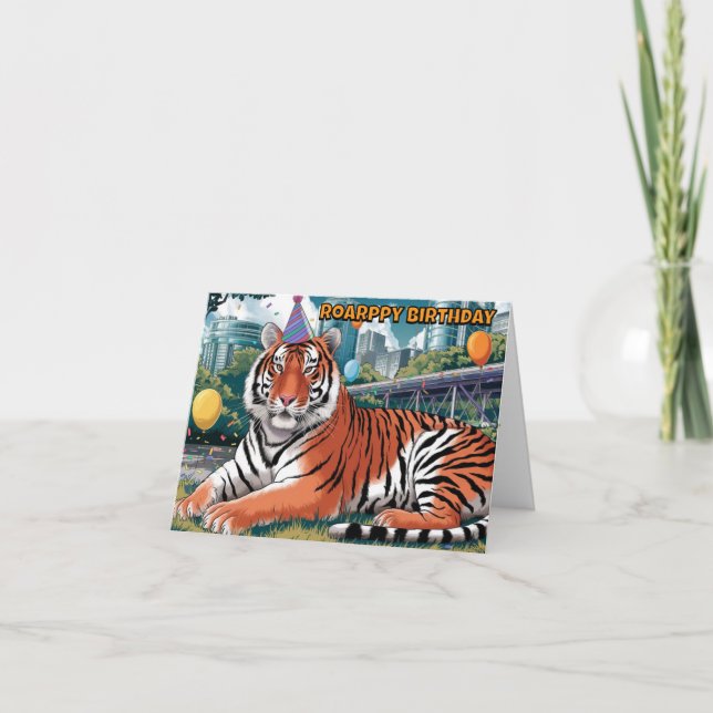 bengalisk tiger med födelsetal som slår fast kort (Framsida)