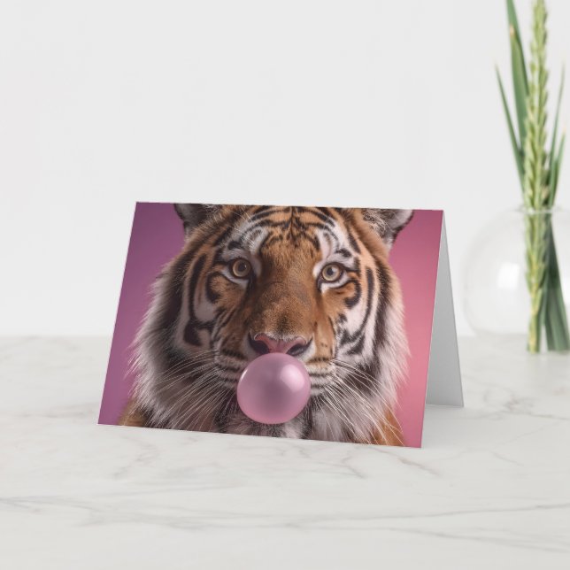 Bengalisk tigerporträtt blåser rosa bubbelgummi kort (Framsida)