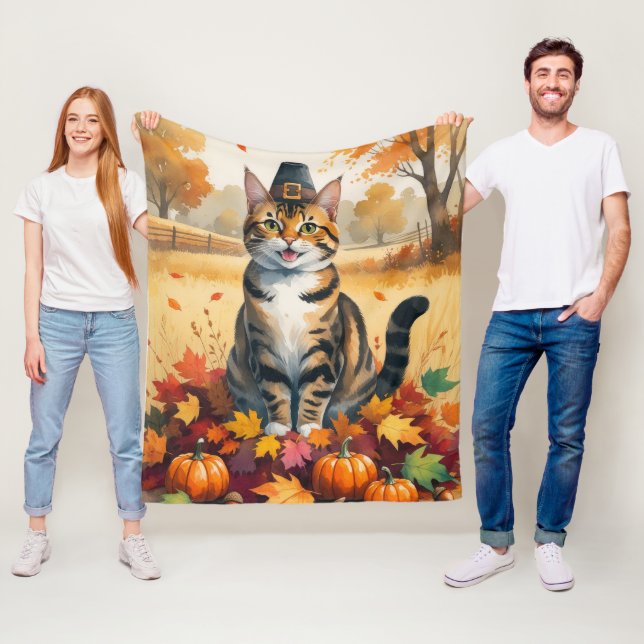 Bengalkatt i höstlöv tackgivandekonst fleecefilt (På plats)
