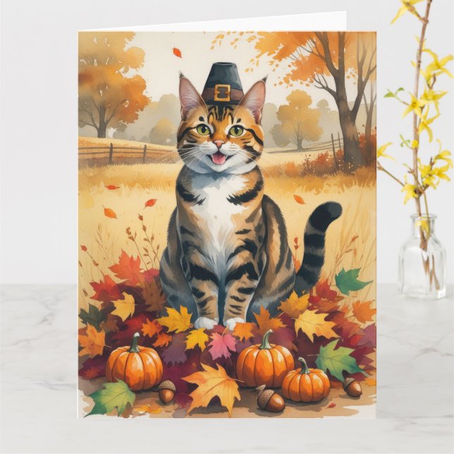 Bengalkatt i höstlöv tackgivandekonst kort (Gul blomma)