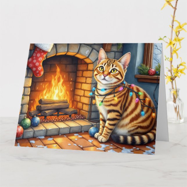 Bengalkatt Kamin med julbelysning Kort (Gul blomma)
