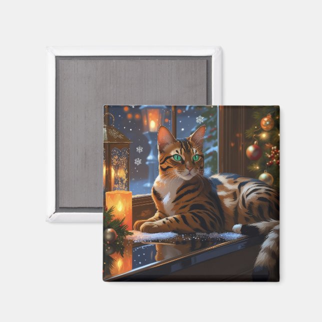 Bengalkatt Med Julbelysning Holiday Magnet (Front/Back)