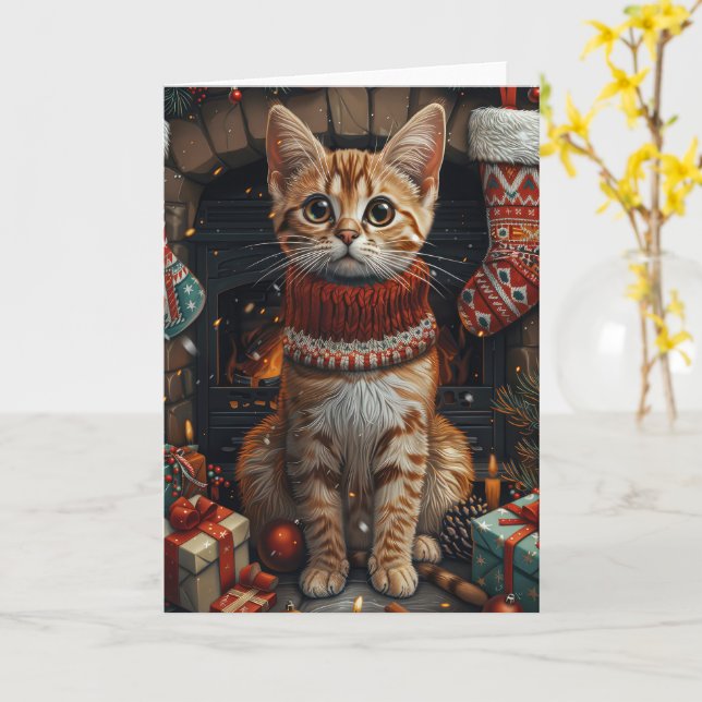 Bengalkatt med julklappar öppen spis kort (Gul blomma)
