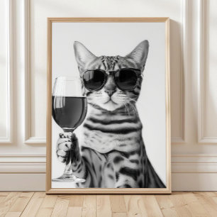 Bengalkatt som dricker vin Väggkonst, Svart och Vi Poster