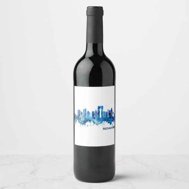 Benidorm Spain Skyline Blue Vinflaska Etikett (Framsida)