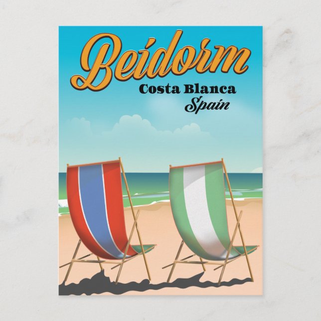 Benidorm strand reseskylt vykort (Framsida)