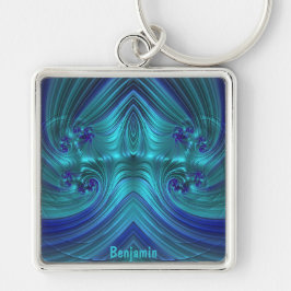 BENJAMIN ~ Blue Aqua GLOSSY ~ Fyrkantig Silverfärgad Nyckelring