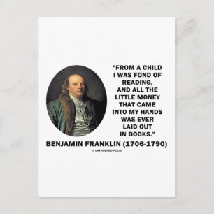 Benjamin Franklin Fond för läsning av penningcitat Vykort