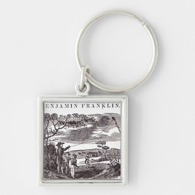 Benjamin Franklin förar hans drakeexperiment Fyrkantig Silverfärgad Nyckelring (Framsidan)