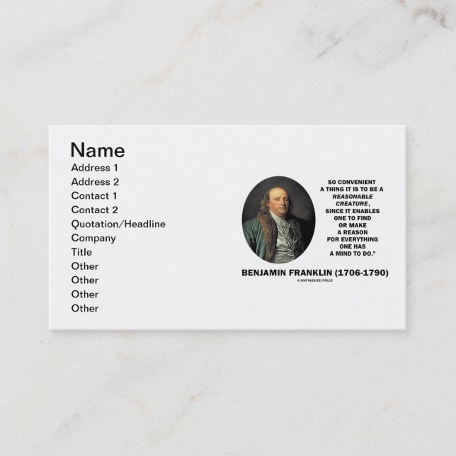 Benjamin Franklin Förnuftig Varelse Hitta Orsak Visitkort (Framsida)
