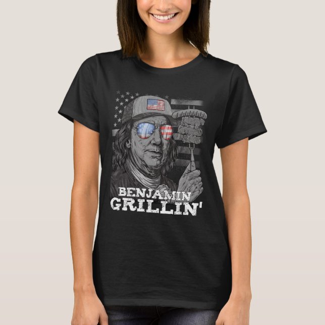 Benjamin Grillar Ben Franklin 4:e Juli USA BBQ T Shirt (Framsida)