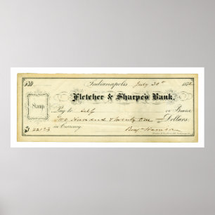 Benjamin Harrison Signed Check från 30 juli 1875 Poster