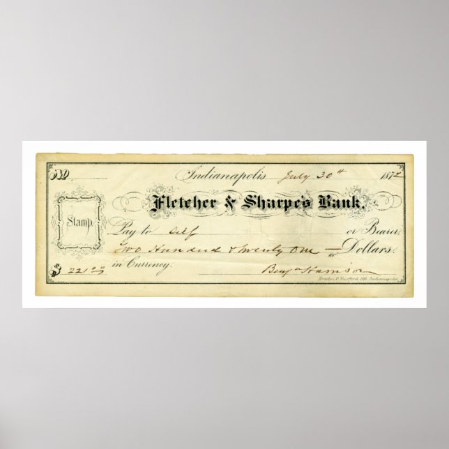 Benjamin Harrison Signed Check från 30 juli 1875 Poster (Framsidan)