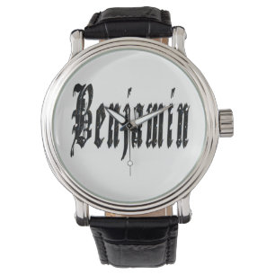 Benjamin, Namn, Logotyp, Big Black Leather Watch Armbandsur