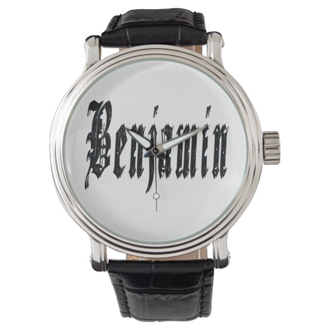 Benjamin, Namn, Logotyp, Big Black Leather Watch Armbandsur (Framsida)