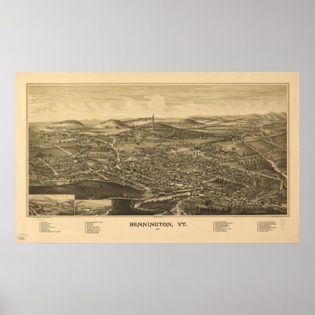 Bennington Vermont 1887 Antique Panoramic Karta Poster (Framsidan)