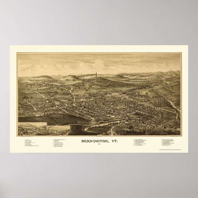 Bennington, VT Panoramic Karta - 1887 Poster (Framsidan)