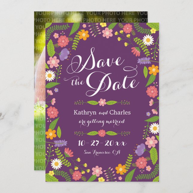 Bensar Blommigt Ram Rustic Photo Spara datum Inbjudningar (Fram/baksida)