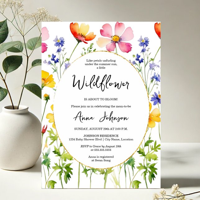 Bensar Wildblommes babyskare Inbjudningar (Elegant blooming wildflower baby shower invitation front view)