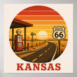 Bensinstation vid Route 66 i Kansas, solnedgång Poster