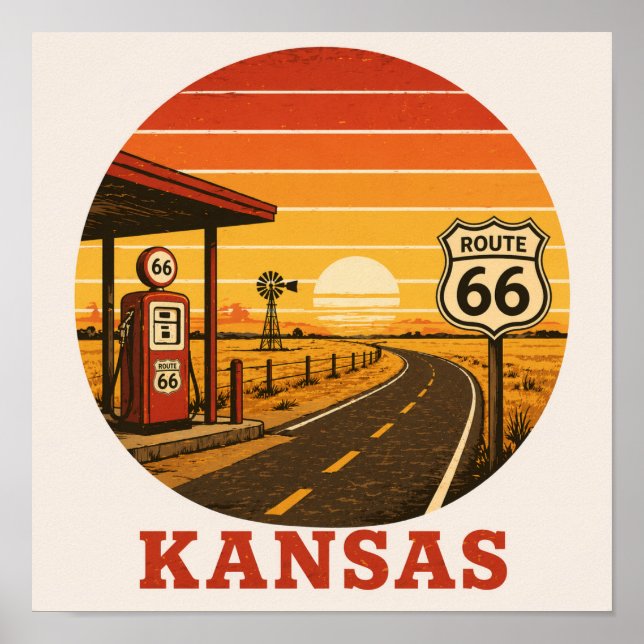 Bensinstation vid Route 66 i Kansas, solnedgång Poster (Framsidan)