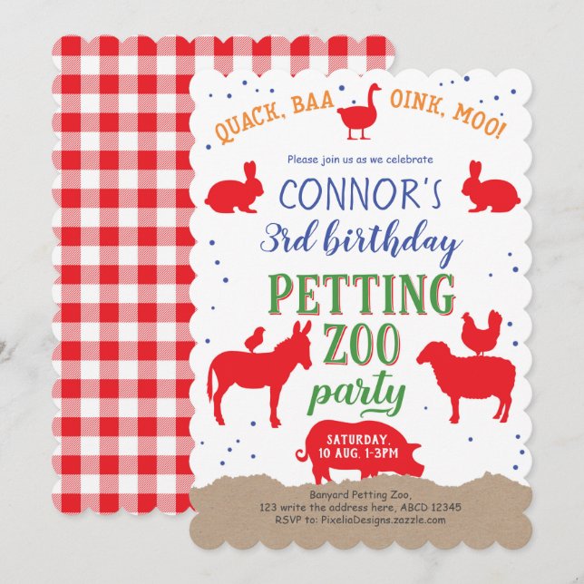 Bensinzoo, pojke, Banyard Farm Animal Birthday Inbjudningar (Fram/baksida)
