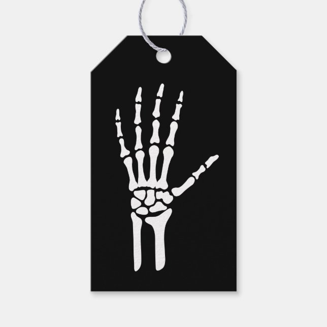 Bent skelett Hand på svart Halloween Presentetikett (Framsidan)