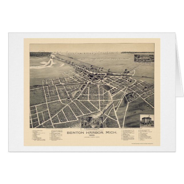 Benton hamn, Michigan panorama- karta - 1889 Hälsningskort (Framsidan Horizontal)