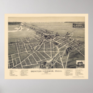 Benton Harbour, Michigan Panoramic Karta - 1889 Poster