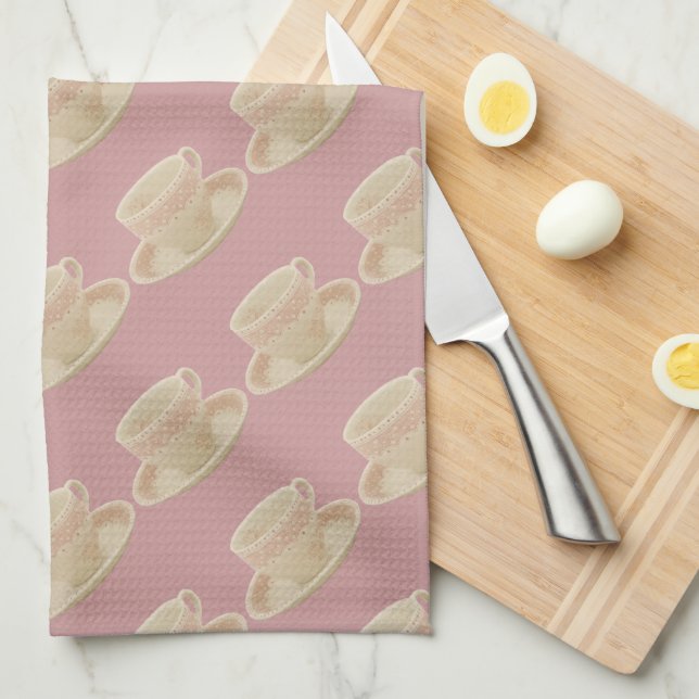 Benvit och rosa tekoppTeahandduk Kökshandduk (Vikt i Fjärdedel)