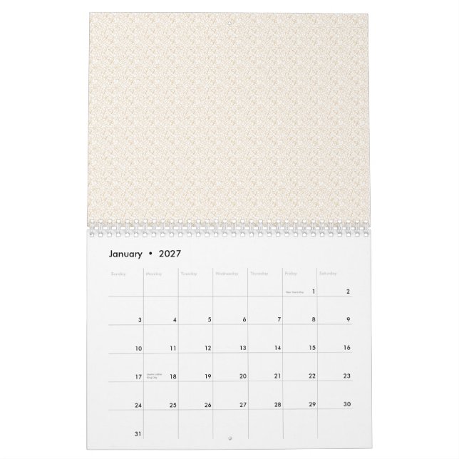 Benvit väv med subtil, upprepande, liten p kalender (Jan 2027)