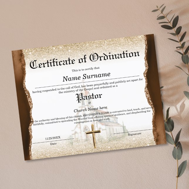 Beordningsbevis för pastorkyrka (church ordination certificate with brown agate and gold glitter combined with watercolor church )