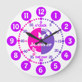 Berätta för tidsflickor rosa lila namn inlärningsk stor klocka