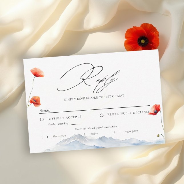 Berg Äng Sommar Vallmo Bröllops Middag OSA Kort (wildflower wedding rsvp card mountain outdoors rustic red poppies meadow watercolor elegant design)