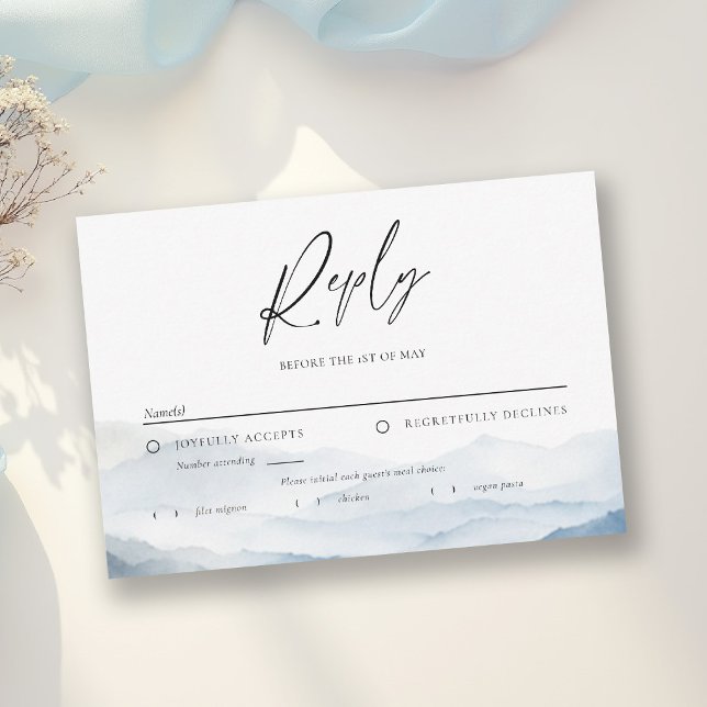 Berg Blue Ridge Dimma Modern Bröllopsmåltid OSA Kort (mountain wedding rsvp reply card peak ridge landscape purple watercolor misty rustic romantic )