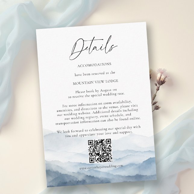 Berg Blue Ridge Dimmig Modern Bröllopsdetaljer Tilläggskort (mountain wedding details card peak ridge landscape purple watercolor misty rustic romantic elegant)
