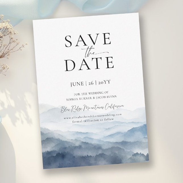 Berg Blue Ridge Modern Bröllop Spara Datum Inbjudningar (mountain wedding save the date invite peak ridge landscape purple watercolor misty rustic romantic)