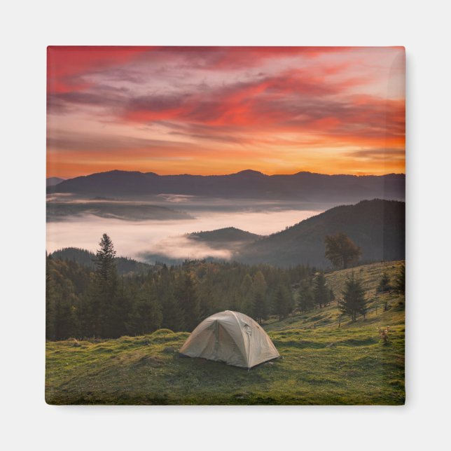 Berg | Camping Foggy Sunrise Magnet (Framsidan)