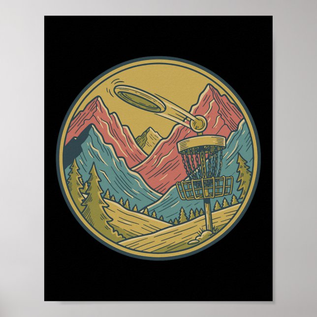 Berg Disc Golf Scen Flygande Disc Basket Frisbee Poster (Framsidan)