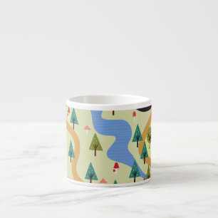 Berg, floder, skog, bil mönster. espressomugg
